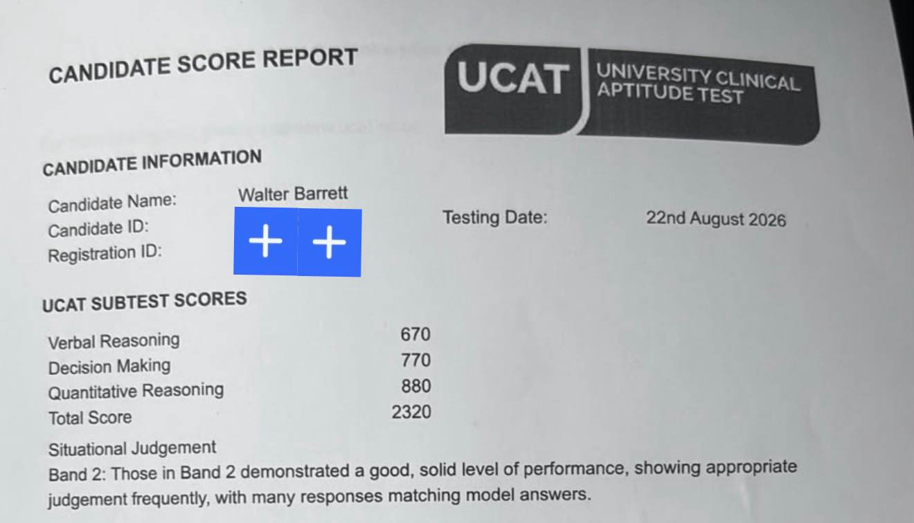 Walter's UCAT score report, total 2320